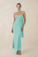 Strapless Sheath Midi Bridesmaid Dress With Ribbon in Aqua - KissProm Bridesmaid Dresses