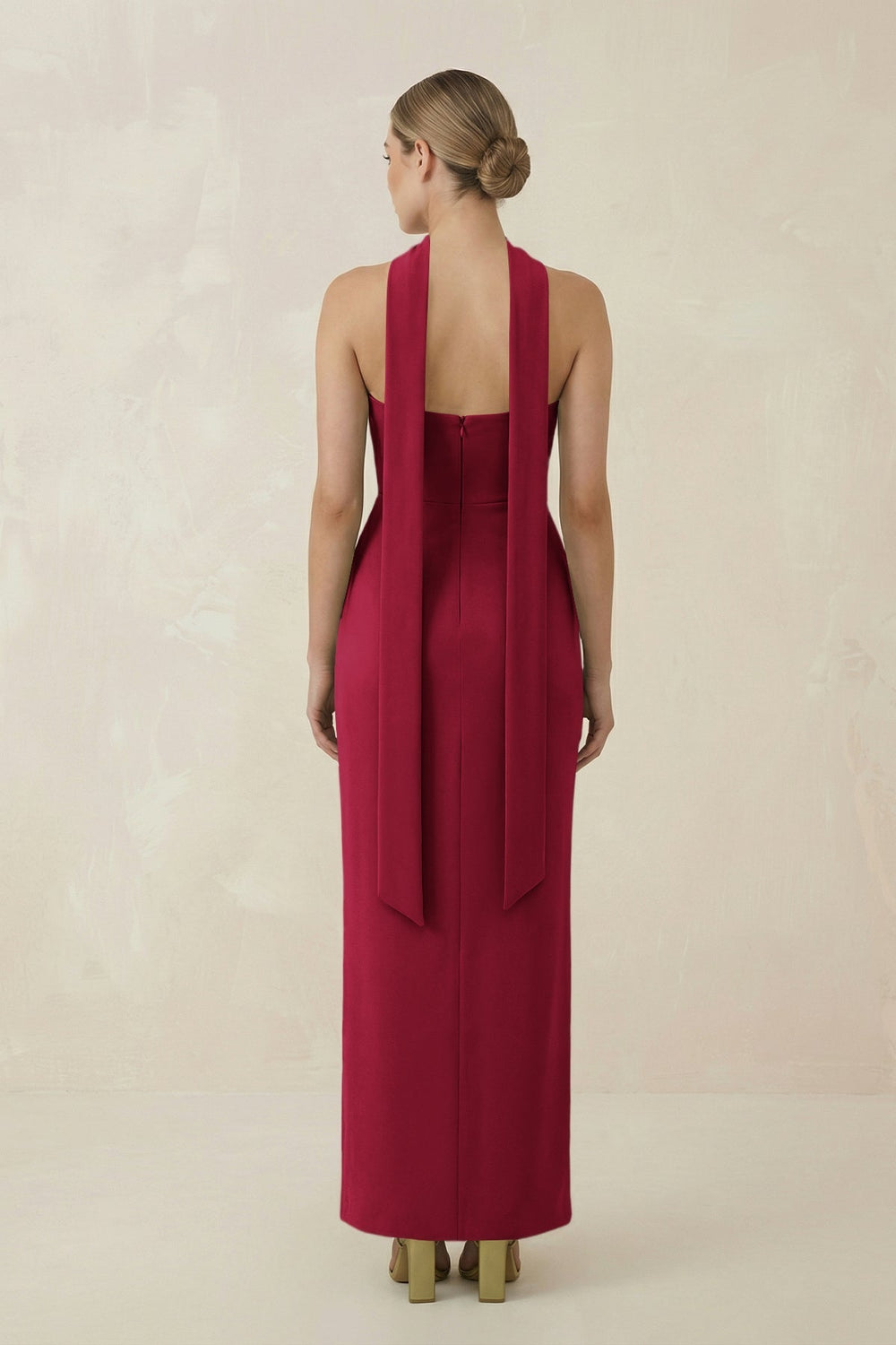 Strapless Sheath Midi Bridesmaid Dress With Ribbon in Berry - KissProm Bridesmaid Dresses