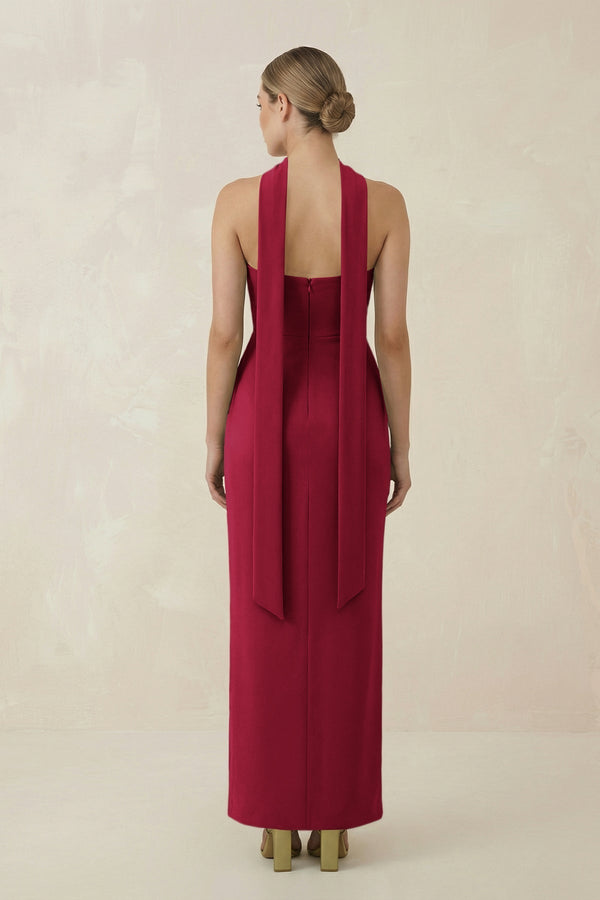 Strapless Sheath Midi Bridesmaid Dress With Ribbon in Berry - KissProm Bridesmaid Dresses