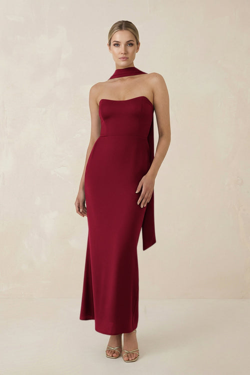 Strapless Sheath Midi Bridesmaid Dress With Ribbon in Berry - KissProm Bridesmaid Dresses