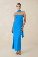 Strapless Sheath Midi Bridesmaid Dress With Ribbon in Blue Jay - KissProm Bridesmaid Dresses