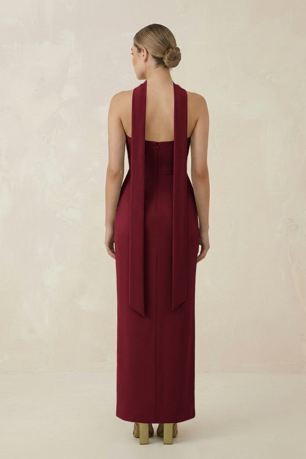 Strapless Sheath Midi Bridesmaid Dress With Ribbon in Burgundy - KissProm Bridesmaid Dresses