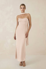 Strapless Sheath Midi Bridesmaid Dress With Ribbon in Buttercream - KissProm Bridesmaid Dresses