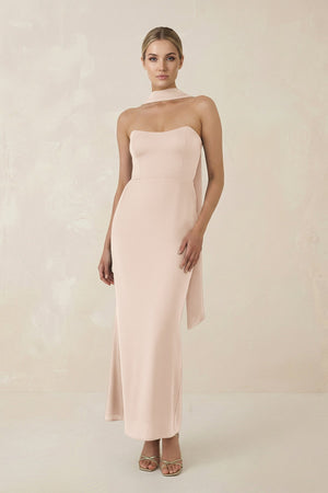 Strapless Sheath Midi Bridesmaid Dress With Ribbon in Buttercream - KissProm Bridesmaid Dresses