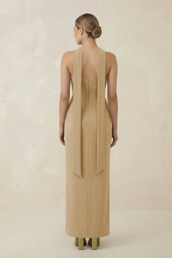 Strapless Sheath Midi Bridesmaid Dress With Ribbon in Champagne - KissProm Bridesmaid Dresses