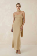 Strapless Sheath Midi Bridesmaid Dress With Ribbon in Champagne - KissProm Bridesmaid Dresses