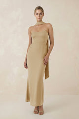 Strapless Sheath Midi Bridesmaid Dress With Ribbon in Champagne - KissProm Bridesmaid Dresses