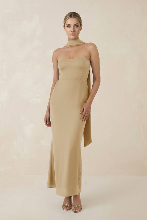 Strapless Sheath Midi Bridesmaid Dress With Ribbon in Champagne - KissProm Bridesmaid Dresses