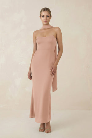 Strapless Sheath Midi Bridesmaid Dress With Ribbon in Champagne Rose - KissProm Bridesmaid Dresses