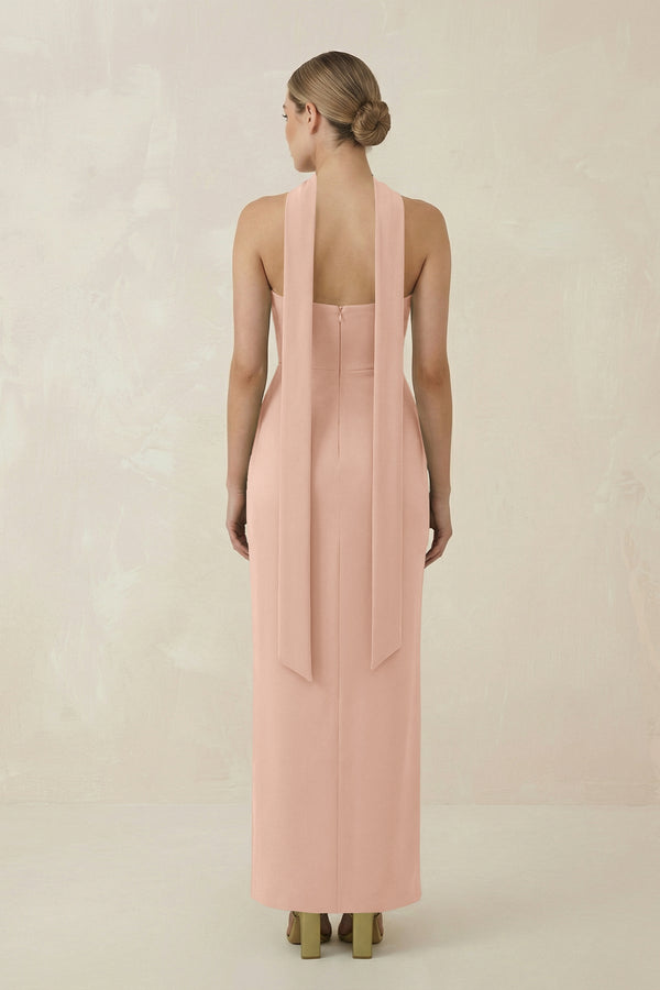 Strapless Sheath Midi Bridesmaid Dress With Ribbon in Champagne Rose - KissProm Bridesmaid Dresses