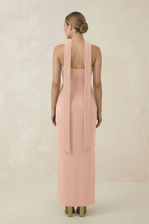 Strapless Sheath Midi Bridesmaid Dress With Ribbon in Champagne Rose - KissProm Bridesmaid Dresses
