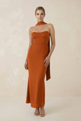 Strapless Sheath Midi Bridesmaid Dress With Ribbon in Cinnamon - KissProm Bridesmaid Dresses
