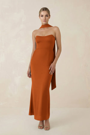 Strapless Sheath Midi Bridesmaid Dress With Ribbon in Cinnamon - KissProm Bridesmaid Dresses