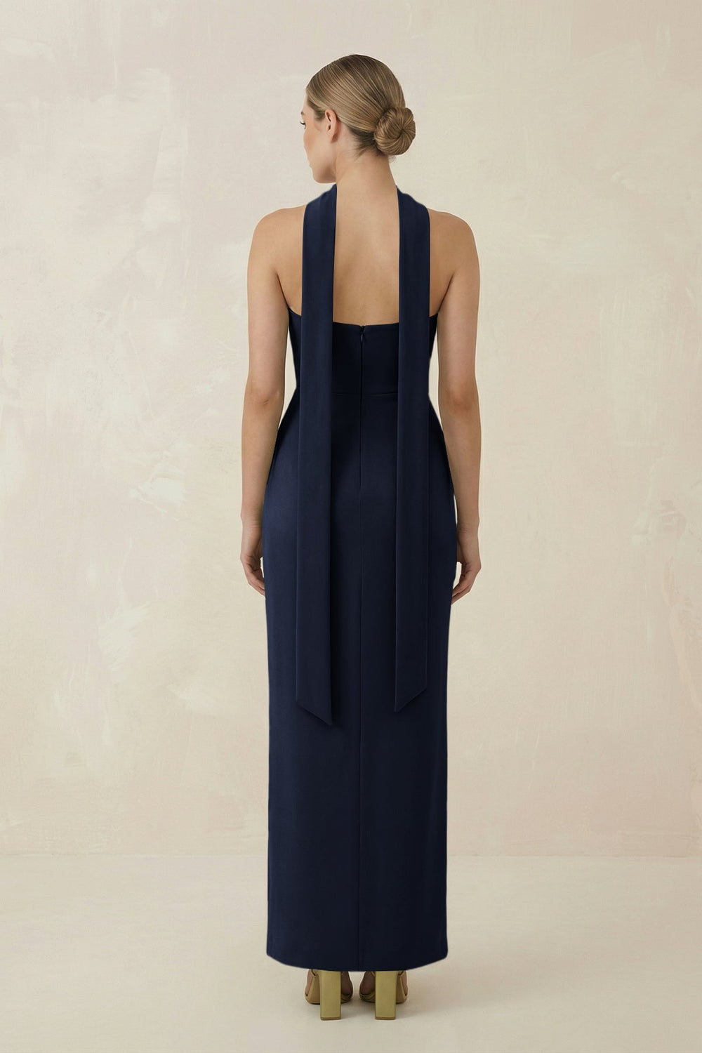 Strapless Sheath Midi Bridesmaid Dress With Ribbon in Dark Navy - KissProm Bridesmaid Dresses