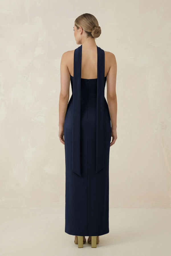 Strapless Sheath Midi Bridesmaid Dress With Ribbon in Dark Navy - KissProm Bridesmaid Dresses