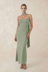 Strapless Sheath Midi Bridesmaid Dress With Ribbon in Dove Gray - KissProm Bridesmaid Dresses