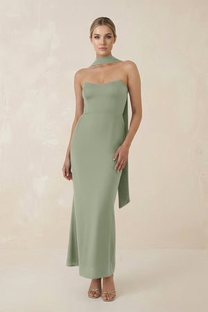 Strapless Sheath Midi Bridesmaid Dress With Ribbon in Dove Gray - KissProm Bridesmaid Dresses