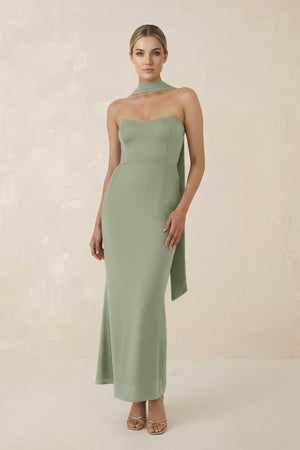 Strapless Sheath Midi Bridesmaid Dress With Ribbon in Dove Gray - KissProm Bridesmaid Dresses