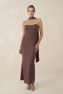 Strapless Sheath Midi Bridesmaid Dress With Ribbon in Espresso - KissProm Bridesmaid Dresses