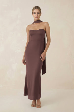 Strapless Sheath Midi Bridesmaid Dress With Ribbon in Espresso - KissProm Bridesmaid Dresses
