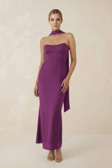 Strapless Sheath Midi Bridesmaid Dress With Ribbon in Fig - KissProm Bridesmaid Dresses