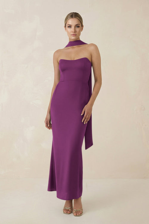 Strapless Sheath Midi Bridesmaid Dress With Ribbon in Fig - KissProm Bridesmaid Dresses