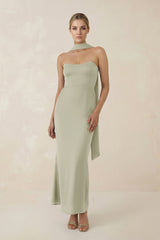 Strapless Sheath Midi Bridesmaid Dress With Ribbon in Frost - KissProm Bridesmaid Dresses