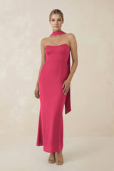 Strapless Sheath Midi Bridesmaid Dress With Ribbon in Fuchsia - KissProm Bridesmaid Dresses