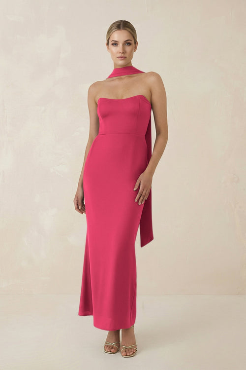 Strapless Sheath Midi Bridesmaid Dress With Ribbon in Fuchsia - KissProm Bridesmaid Dresses