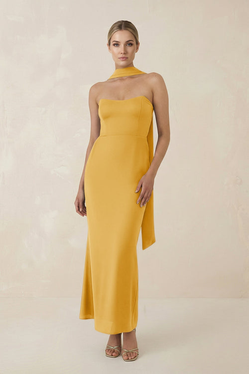 Strapless Sheath Midi Bridesmaid Dress With Ribbon in Gold - KissProm Bridesmaid Dresses