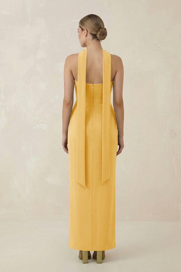 Strapless Sheath Midi Bridesmaid Dress With Ribbon in Gold - KissProm Bridesmaid Dresses