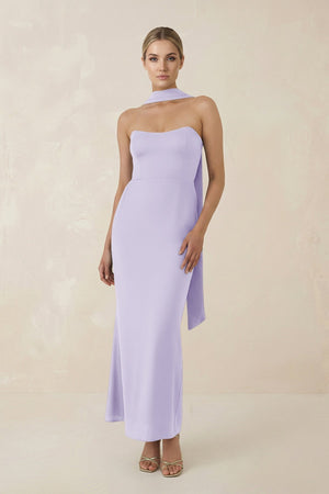 Strapless Sheath Midi Bridesmaid Dress With Ribbon in Lavender - KissProm Bridesmaid Dresses