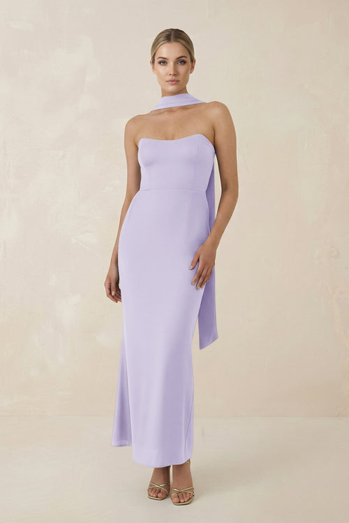 Strapless Sheath Midi Bridesmaid Dress With Ribbon in Lavender - KissProm Bridesmaid Dresses