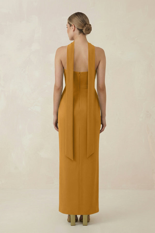 Strapless Sheath Midi Bridesmaid Dress With Ribbon in Marigold - KissProm Bridesmaid Dresses