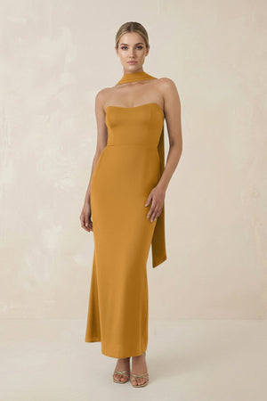 Strapless Sheath Midi Bridesmaid Dress With Ribbon in Marigold - KissProm Bridesmaid Dresses