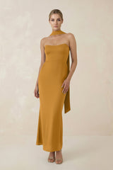 Strapless Sheath Midi Bridesmaid Dress With Ribbon in Marigold - KissProm Bridesmaid Dresses