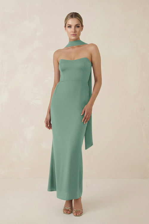 Strapless Sheath Midi Bridesmaid Dress With Ribbon in Mint Green - KissProm Bridesmaid Dresses