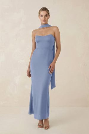 Strapless Sheath Midi Bridesmaid Dress With Ribbon in Mist - KissProm Bridesmaid Dresses