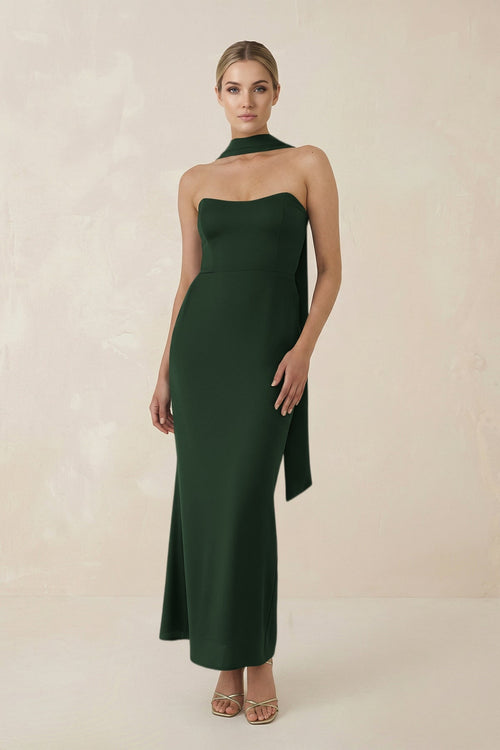 Strapless Sheath Midi Bridesmaid Dress With Ribbon in Moss - KissProm Bridesmaid Dresses