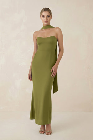 Strapless Sheath Midi Bridesmaid Dress With Ribbon in Moss Green - KissProm Bridesmaid Dresses