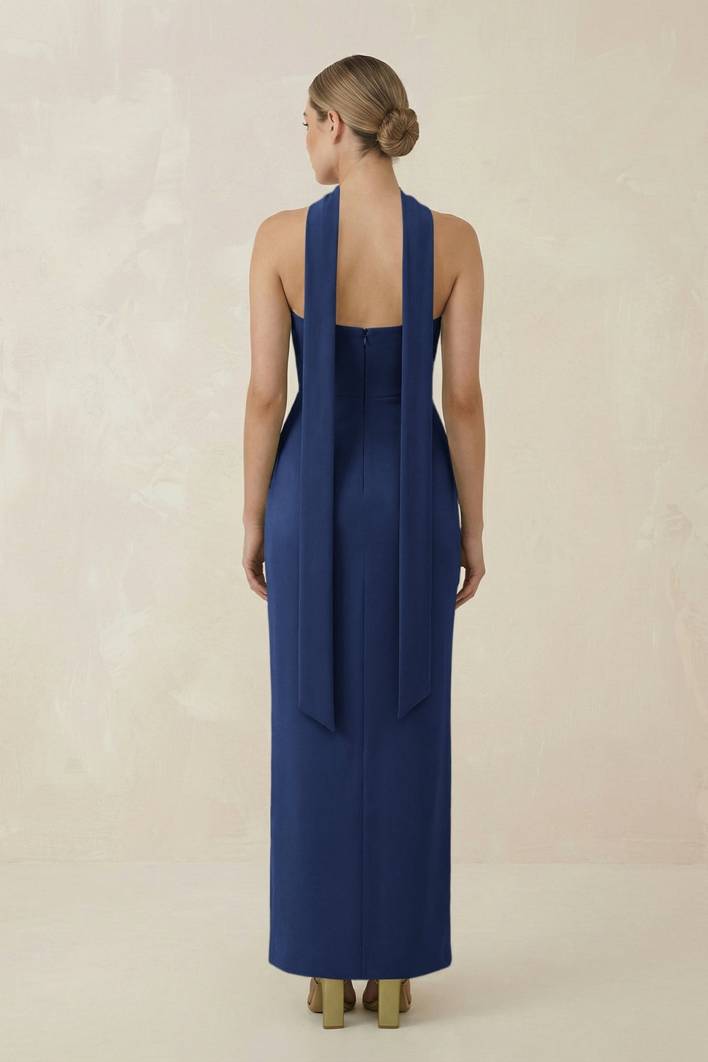 Strapless Sheath Midi Bridesmaid Dress With Ribbon in Navy - KissProm Bridesmaid Dresses