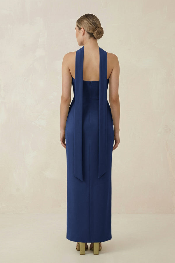 Strapless Sheath Midi Bridesmaid Dress With Ribbon in Navy - KissProm Bridesmaid Dresses