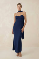 Strapless Sheath Midi Bridesmaid Dress With Ribbon in Navy - KissProm Bridesmaid Dresses