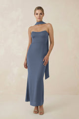 Strapless Sheath Midi Bridesmaid Dress With Ribbon in Neptune - KissProm Bridesmaid Dresses