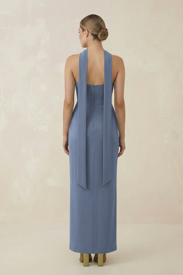 Strapless Sheath Midi Bridesmaid Dress With Ribbon in Neptune - KissProm Bridesmaid Dresses