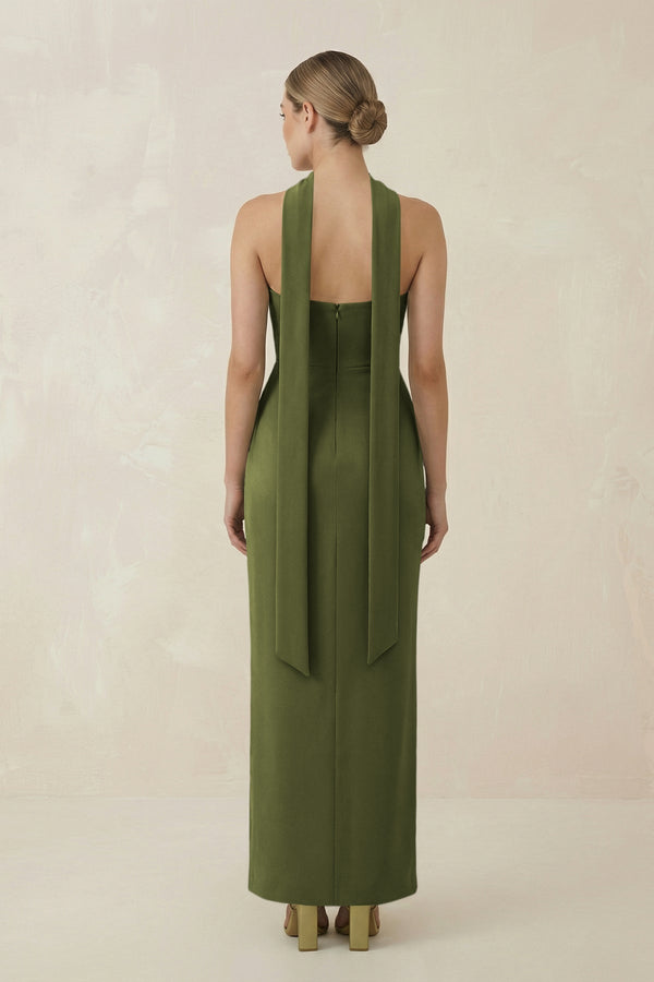 Strapless Sheath Midi Bridesmaid Dress With Ribbon in Olive - KissProm Bridesmaid Dresses