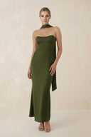 Strapless Sheath Midi Bridesmaid Dress With Ribbon in Olive - KissProm Bridesmaid Dresses
