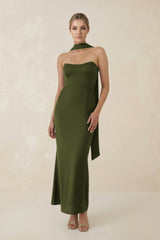 Strapless Sheath Midi Bridesmaid Dress With Ribbon in Olive - KissProm Bridesmaid Dresses