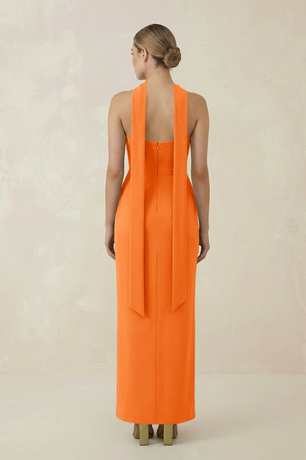 Strapless Sheath Midi Bridesmaid Dress With Ribbon in Orange - KissProm Bridesmaid Dresses