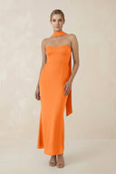 Strapless Sheath Midi Bridesmaid Dress With Ribbon in Orange - KissProm Bridesmaid Dresses